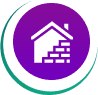 House and bricks icon on purple circle.
